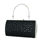 Erkan Saçmacı Siyah Saten Damla Kristal Taşlı Metal Saplı Zincirli Abiye El Çantası