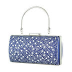 Erkan Saçmacı Lacivert Saten Damla Kristal Taşlı Metal Saplı Zincirli Abiye El Çantası