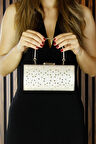 Erkan Saçmacı Ten Saten Damla Kristal Taşlı Metal Saplı Zincirli Abiye El Çantası