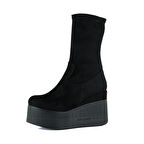 Yuki Siyah Süet Streç Kürk Astarlı Fermuarlı Yuvarlak Burun Gizli Dolgu Topuklu Bot