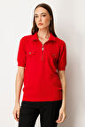 On Kadın Yakası Fermuarlı Kısa Kol Triko Kazak 65330 Kırmızı