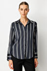 On Kadın Çizgili Saten Gömlek 64300 Siyah-Ekru