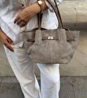 Süet Büzgülü Gold Renk Kilit Detaylı Kadın El Ve Kol Çantası