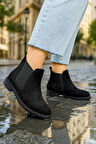  Günlük Kadın Siyah Bot Kalın Oval Burunlu Lastikli Alçak Topuklu Tırtıklı Taban Kısa  Bootie  387