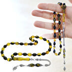 925 Ayar Gümüş Püsküllü Arpa Kesim Sarı-Siyah Ateş Kehribar Tesbih