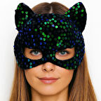 Siyah Kadife Kumaş Üzerine Mavi Yeşil Payetli Pullu Parti Maskesi 16x14 Cm