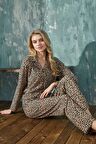 Kadın Uzun Kol Süet Gömlek Yaka Leopar Pijama Takımı C2T0N5O01-6