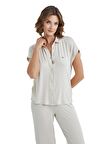 Kadın Kısa Kol Önden Düğmeli Bej Pijama Takımı C9T7N3O15-