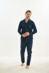 Erkek Uzun Kol Gömlek Yaka Önden Düğmeli Lacivert Pijama Takım C2T1N5O9