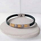 %100 Deri Saç Örme Kayış Gold '' Çapa '' Figürlü Siyah Bileklik