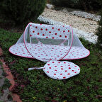 Çantalı Katlanabilir Bebek Cibinlik Gölgelik Çadırı 60X120 cm  Kalp Desenli, Sinek ve Haşere Koruma