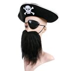 Gümüş Renk Korsan Şapkası Sakalı ve Göz Bandı Çocuk Boy (3984)