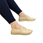 Voyager 9871 Bej Hakiki Deri Boncuklu Kadın Ayakkabı