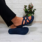 Brn 302 Lacivert Ahtapot Hasırlı Kaymaz Havuz Plaj Kadın Terliği