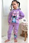 PJK3İ Stitch Desenli Lila 3 İp Şardonlu Kapşonlu %100 Pamuk Kız Çocuk Eşofman Takımı 3-10 Yaş 7335-L