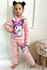 PJK3İ Kuromi Desenli Pembe 3 İp Şardonlu Kapşonlu %100 Pamuk Kız Çocuk Eşofman Takımı 3-10 Yaş 7347-P