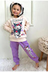 PJK3İ Kuromi Desenli Lila 3 İp Şardonlu %100 Pamuk Kız Çocuk Eşofman Takımı 3-10 Yaş 7777-L