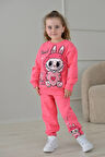 PJK3İ Labubu Desenli 3 İp Şardonlu %100 Pamuk Kız Çocuk Eşofman Takımı 3-10 Yaş 8242