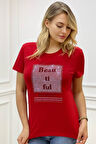 Büyük Beden Bisiklet Yaka Beautiful Yazılı Crystal Taşlı Siyah Şık Pamuklu Kısa Kol Kadın T-shirt