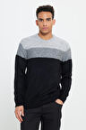 Erkek Gri-siyah Standart Fit Normal Kesim Bisiklet Yaka Colorblock Desenli Yünlü Triko Kazak
