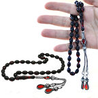 Tesbihane 1000 Ayar Gümüş Kazaz Püsküllü Arpa Kesim Kırmızı-Siyah Ateş Kehribar Tesbih