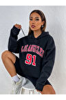 Unisex Los Angeles 91 Baskılı Oversize Kapşonlu Sweatshirt