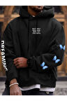 Unisex Siyah Dream Kelebek Baskılı Kapşonlu Oversize Sweatshirt
