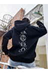 Unisex Siyah Galaksi Baskılı Oversize Kapşonlu Sweatshirt
