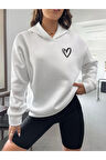 Unisex Beyaz Kalp Baskılı Oversize Kapşonlu Sweatshirt