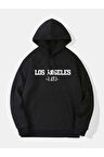 Unisex Siyah Los Angeles Baskılı Oversize Kapşonlu Sweatshirt