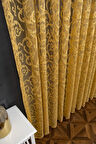 Klasik Şal Desen Hardal Koyu Sarı Renk Desen Tasarım 1e3 Kat Pileli Tül Perde