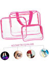 Kadın 3 Adet Pembe Renk Şeffaf Seyahat Makyaj Çantası Şeffaf Makyaj Çantası