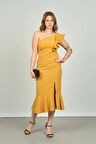 Escoll Kadın Tek Omzu Volanlı Midi Boy Abiye Elbise 1840 Safran