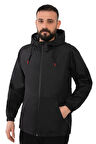 Erkek Siyah Içi Astarlı Kanguru Cepli Su Ve Rüzgar Geçirmez Kapüşonlu Cepli Yağmurluk
