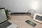 Ofis için 6 prizli çoklu priz, 3 adet USB 2xUSB-A +1xUSB A, açma/kapama şalteri, alüminyum gövde