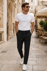 Erkek Comfort Fit Siyah Çizgili Jogger Pantolon Esnek Kumaş 0247DNGR
