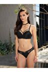 Kadın Siyah Ipli Dantelli Destekli Sütyen Takım