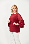 4043 Bordo Kolları Volanlı Esnek Şık Taşlı Büyük Beden Bluz