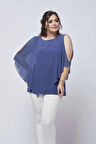 4050 Indigo Taşlı Pelerinli Şifon Büyük Beden Şık Bluz