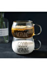 2'li Set -  Good Morning Kupa - Kulplu Borosilikat Cam Kahve Çay Fincanı -  Espresso Bardağı