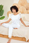 Aydoğan Kadın Beyaz %95 Lyocell %5 Elasthan Dantel Detaylı Pijama Takımı