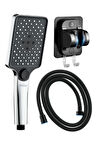 Aqua Kare 3 Fonksiyon Duş Başlığı , Askılıklı Siyah Yapışkanlı Mafsal ve Örgülü Duş Hortumu Duş Seti