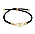 Büyülü ve Masalsı Siyah Örgülü 14 Ayar Altın Plakalı ve Kuş Figürlü Peri Bilekliği