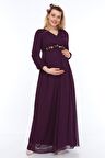 IŞŞIL Hamile Şakayık Kemer Uzun Kol Şifon Elbise MOR-38