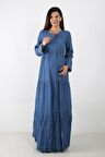 IŞŞIL 8466-TENCEL TİFTİZ MAXİ HAMİLE ELBİSE Mavi-S
