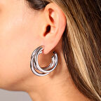 Çelik Kadın Küpe, Üç Sıra Yarım Halka Küpe, Gümüş Renk, No:69