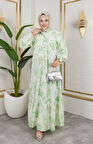 Kadın Düğmeli Yaprak Desenli Yeşil Modal Elbise
