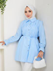 Kadın Düğmeli Bağcık Detaylı Mavi Gömlek