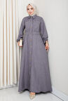Kadın Cep Detaylı Düğmeli Kuşaklı Füme Keten Elbise