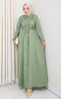 Kadın Büzgü Detaylı Kuşaklı Düğmeli Haki Elbise